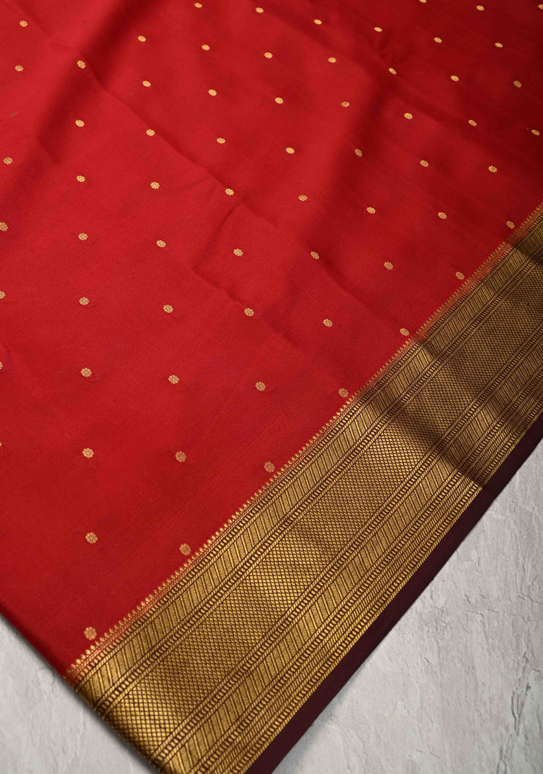 Brick Red Pure Mysore Silk Saree with Chunri Buttis and Zari Border | SILK MARK CERTIFIED