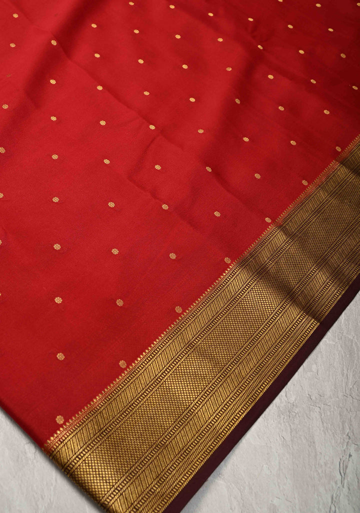 Brick Red Pure Mysore Silk Saree with Chunri Buttis and Zari Border | SILK MARK CERTIFIED