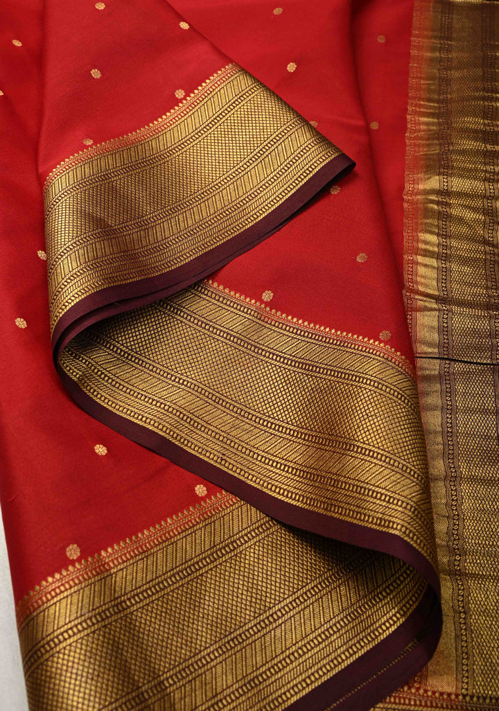 Brick Red Pure Mysore Silk Saree with Chunri Buttis and Zari Border | SILK MARK CERTIFIED
