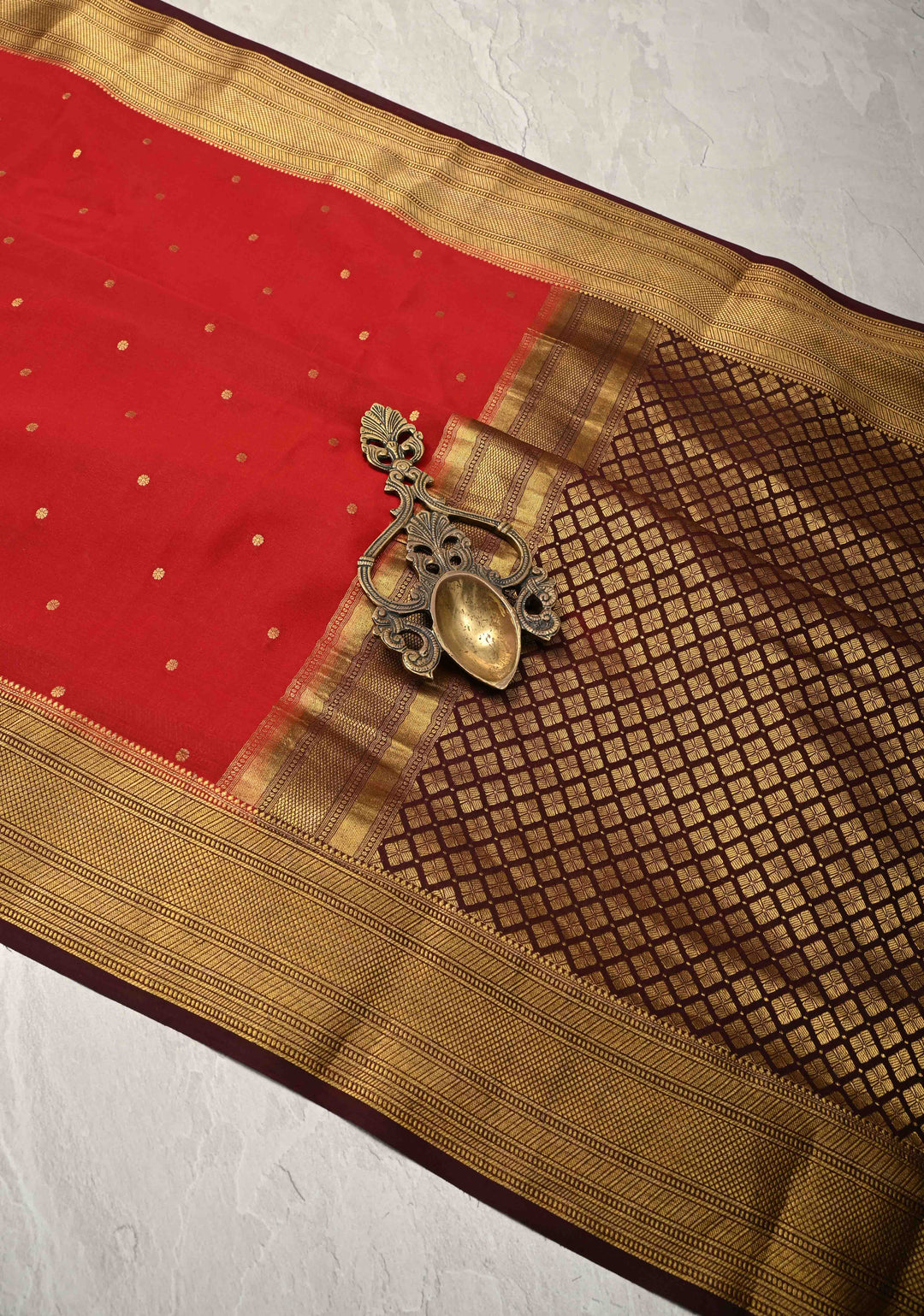 Brick Red Pure Mysore Silk Saree with Chunri Buttis and Zari Border | SILK MARK CERTIFIED