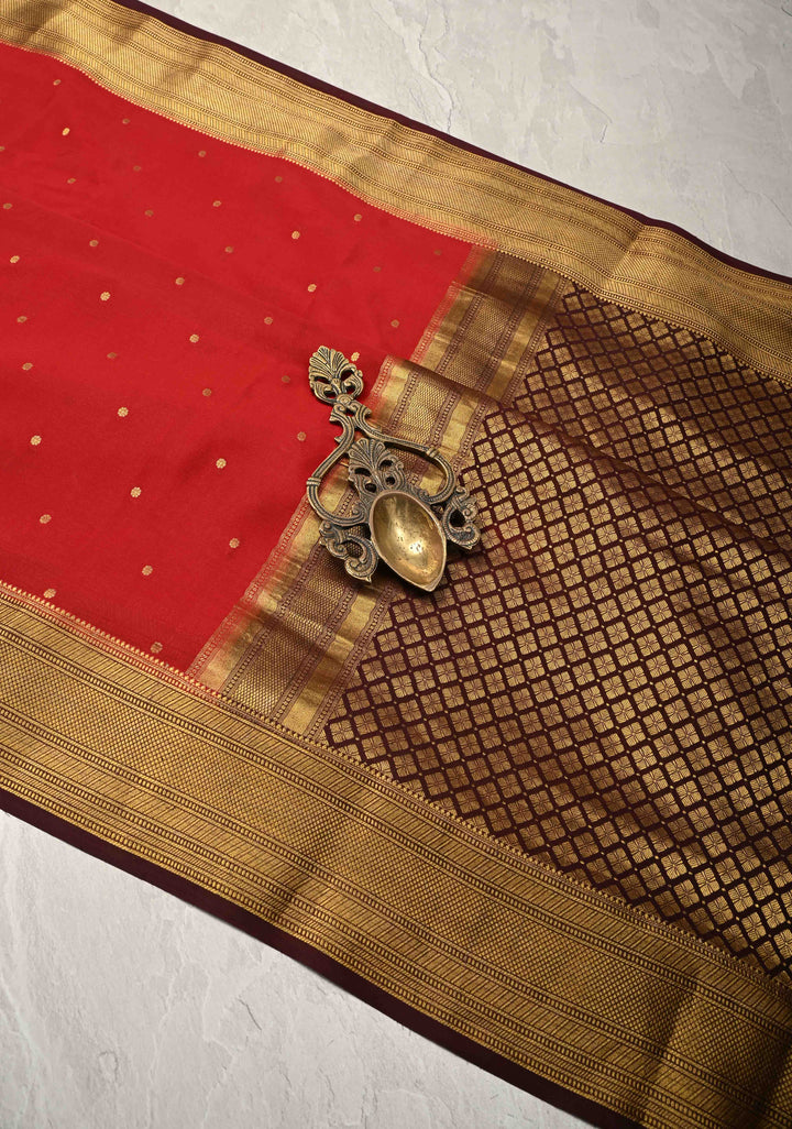 Brick Red Pure Mysore Silk Saree with Chunri Buttis and Zari Border | SILK MARK CERTIFIED