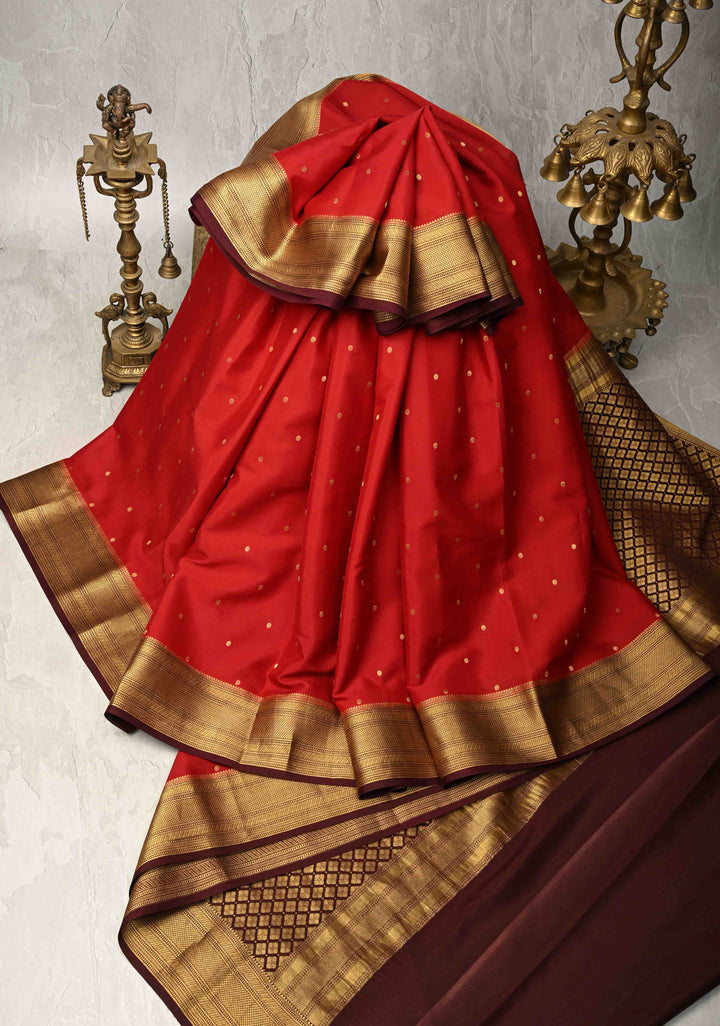 Brick Red Pure Mysore Silk Saree with Chunri Buttis and Zari Border | SILK MARK CERTIFIED