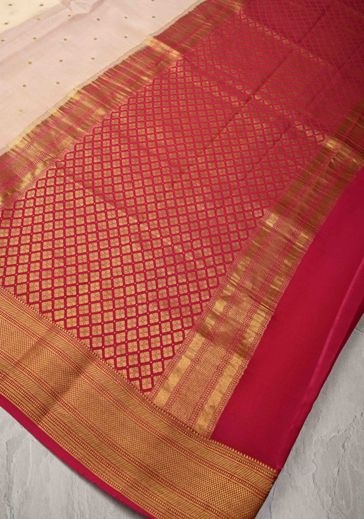 Cream Pure Mysore Silk Saree with Chunri Buttis and Contrast Zari Border | SILK MARK CERTIFIED