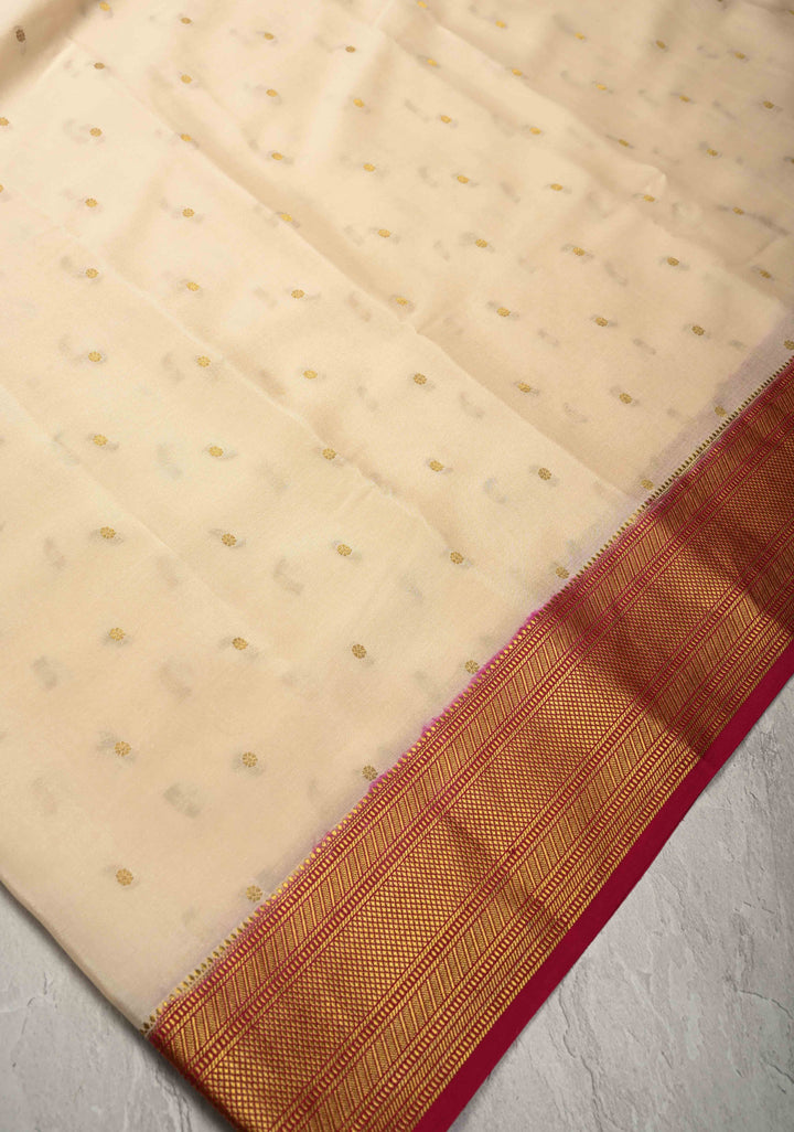 Cream Pure Mysore Silk Saree with Chunri Buttis and Contrast Zari Border | SILK MARK CERTIFIED