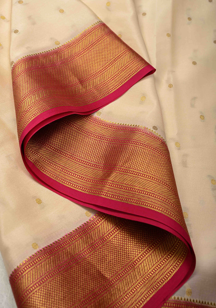 Cream Pure Mysore Silk Saree with Chunri Buttis and Contrast Zari Border | SILK MARK CERTIFIED