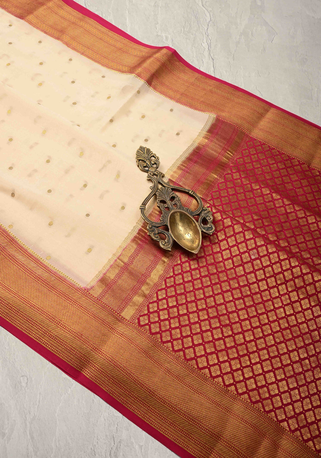 Cream Pure Mysore Silk Saree with Chunri Buttis and Contrast Zari Border | SILK MARK CERTIFIED