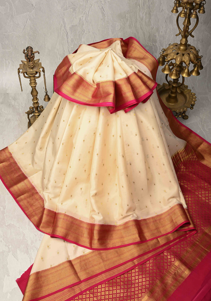 Cream Pure Mysore Silk Saree with Chunri Buttis and Contrast Zari Border | SILK MARK CERTIFIED