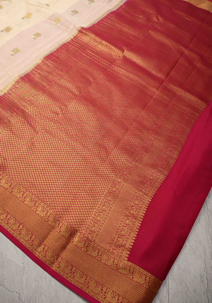 Ivory Pure Mysore Silk Saree with Jari Buttas and Zari Border | SILK MARK CERTIFIED