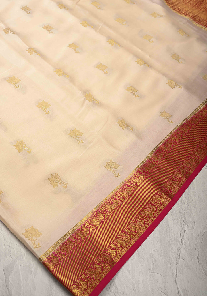 Ivory Pure Mysore Silk Saree with Jari Buttas and Zari Border | SILK MARK CERTIFIED