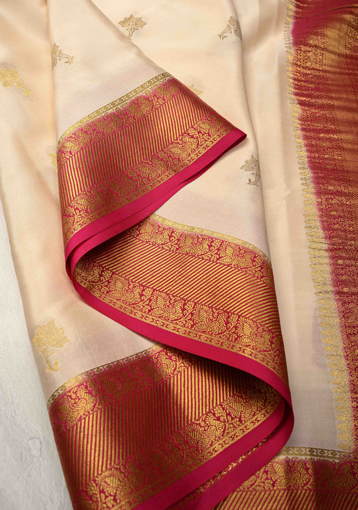 Ivory Pure Mysore Silk Saree with Jari Buttas and Zari Border | SILK MARK CERTIFIED