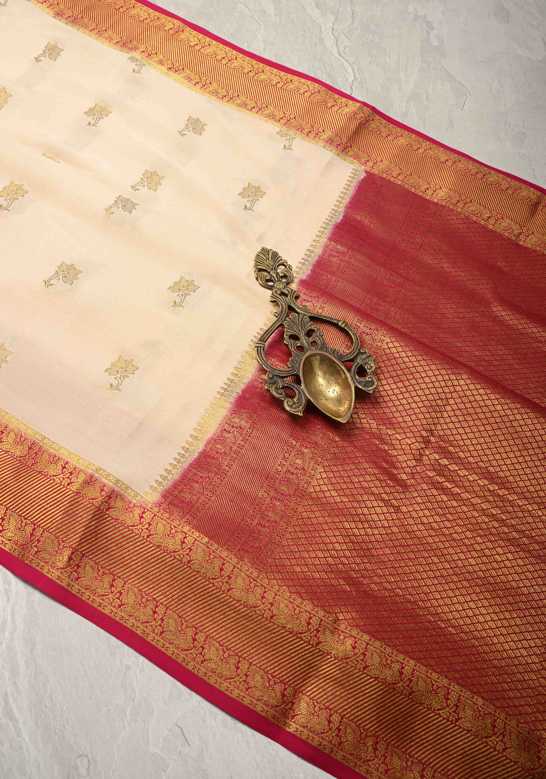 Ivory Pure Mysore Silk Saree with Jari Buttas and Zari Border | SILK MARK CERTIFIED