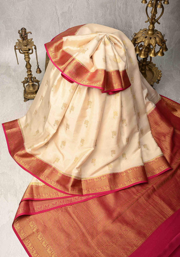 Ivory Pure Mysore Silk Saree with Jari Buttas and Zari Border | SILK MARK CERTIFIED