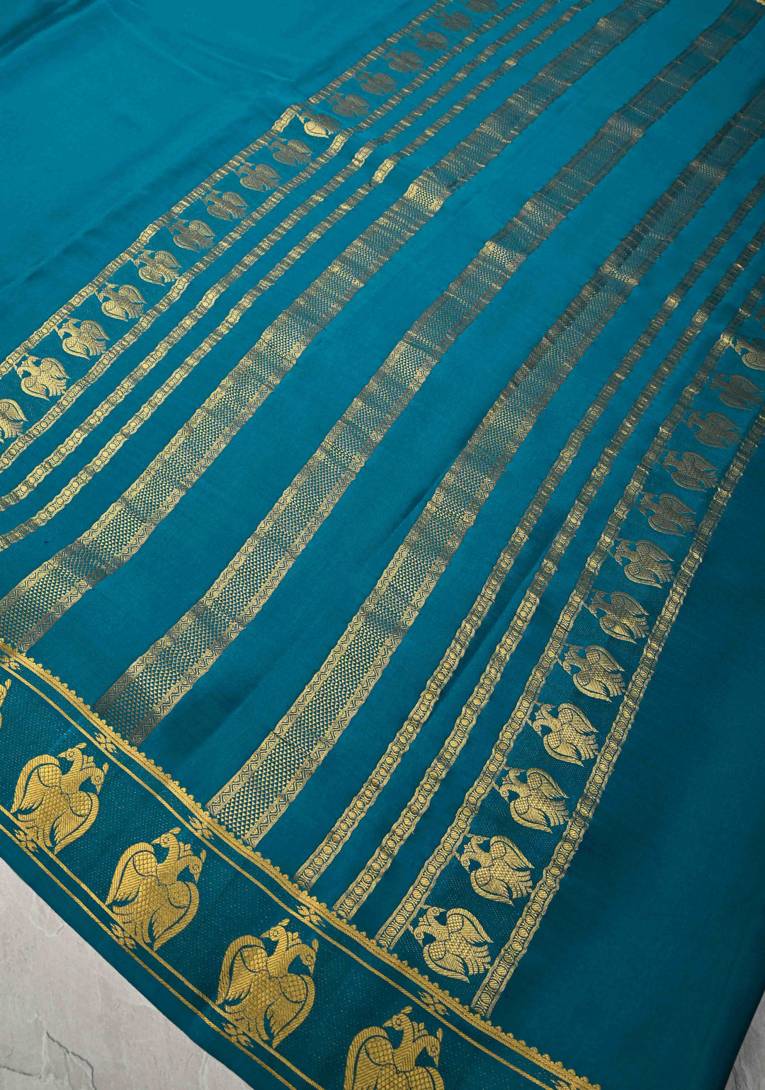 Peacock Blue Pure Mysore Silk Saree with Gandaberunda Buttas on Border | SILK MARK CERTIFIED