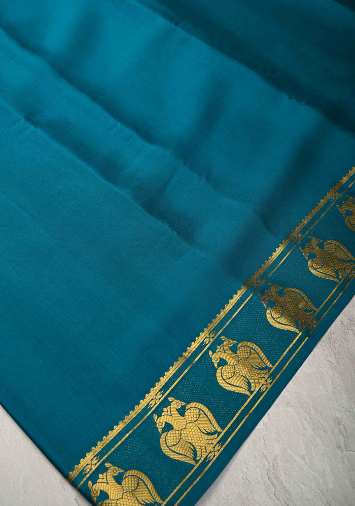 Peacock Blue Pure Mysore Silk Saree with Gandaberunda Buttas on Border | SILK MARK CERTIFIED