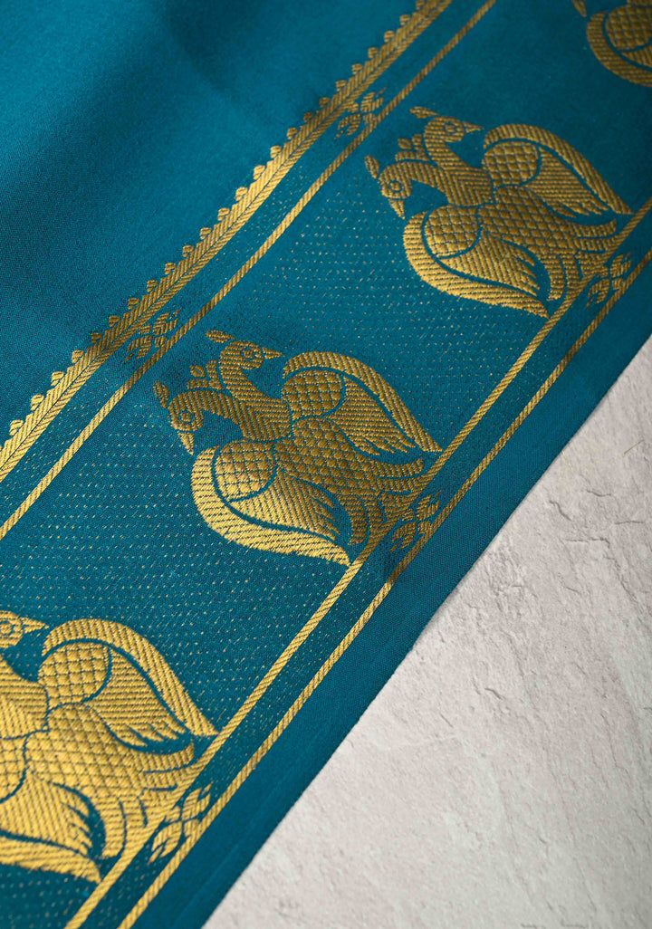 Peacock Blue Pure Mysore Silk Saree with Gandaberunda Buttas on Border | SILK MARK CERTIFIED