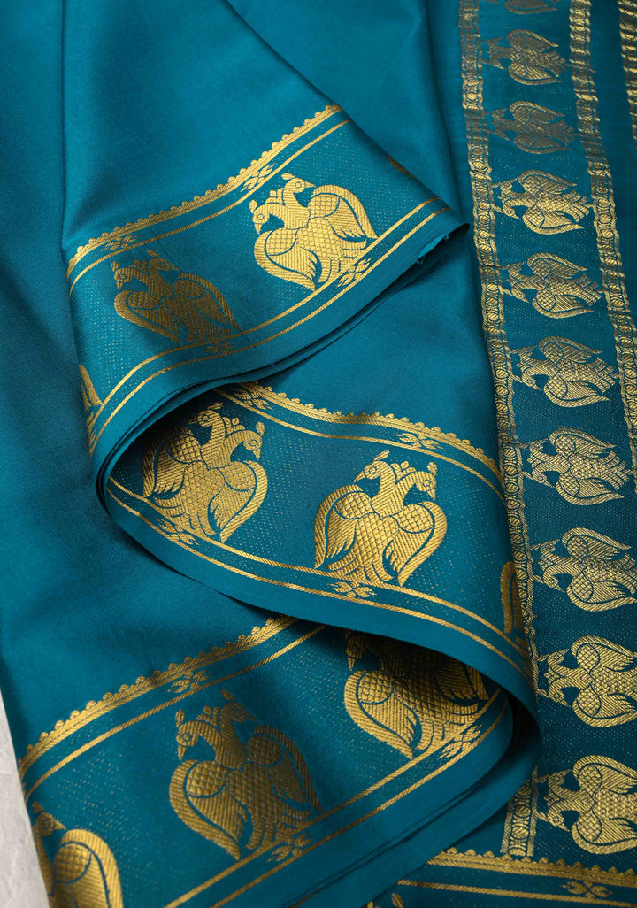 Peacock Blue Pure Mysore Silk Saree with Gandaberunda Buttas on Border | SILK MARK CERTIFIED