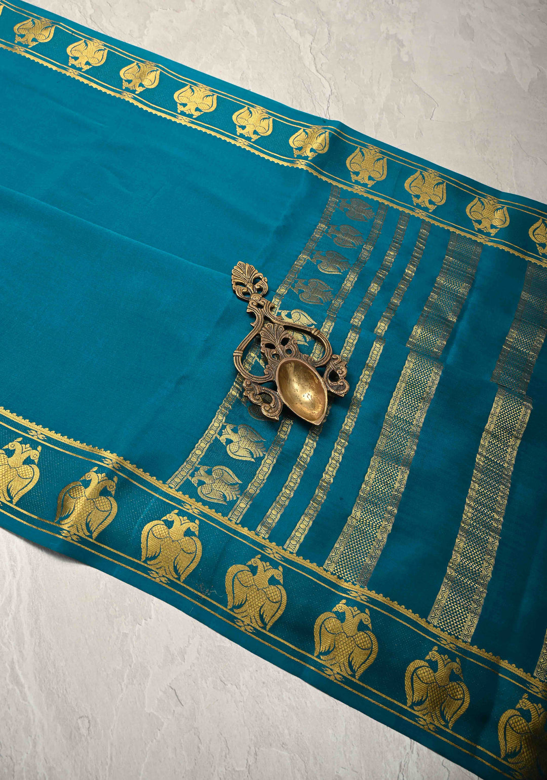 Peacock Blue Pure Mysore Silk Saree with Gandaberunda Buttas on Border | SILK MARK CERTIFIED