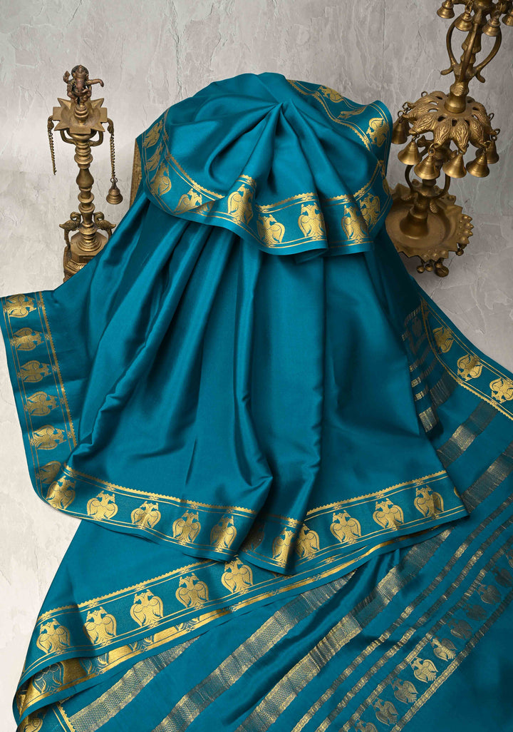 Peacock Blue Pure Mysore Silk Saree with Gandaberunda Buttas on Border | SILK MARK CERTIFIED