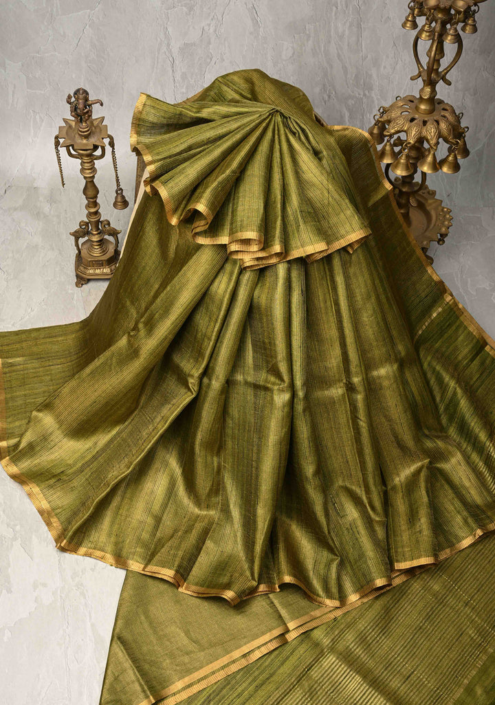 Mehendi Green Geecha Tussar tissue Saree with Minimal Zari Border | SILK MARK CERTIFIED
