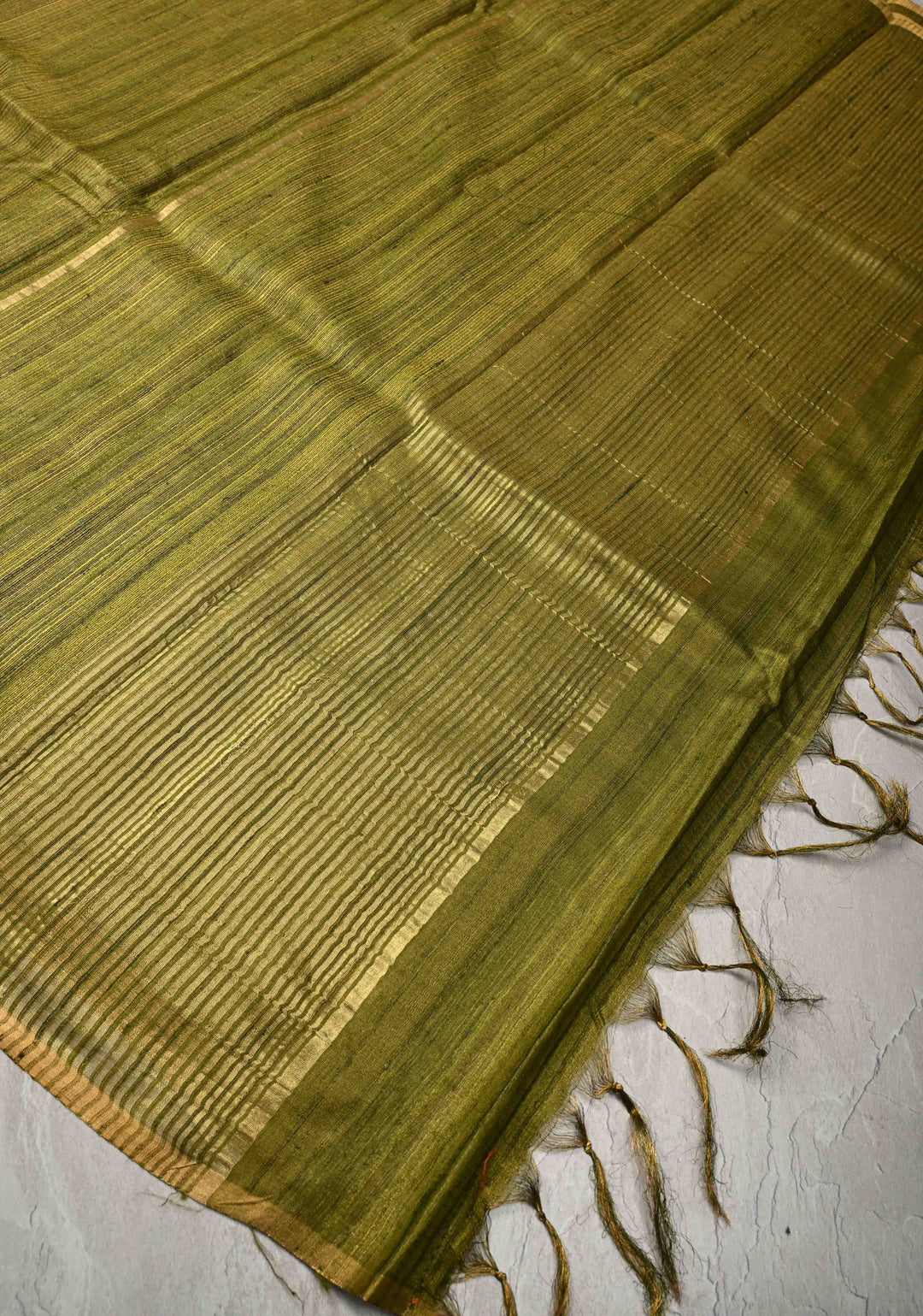 Mehendi Green Geecha Tussar tissue Saree with Minimal Zari Border | SILK MARK CERTIFIED