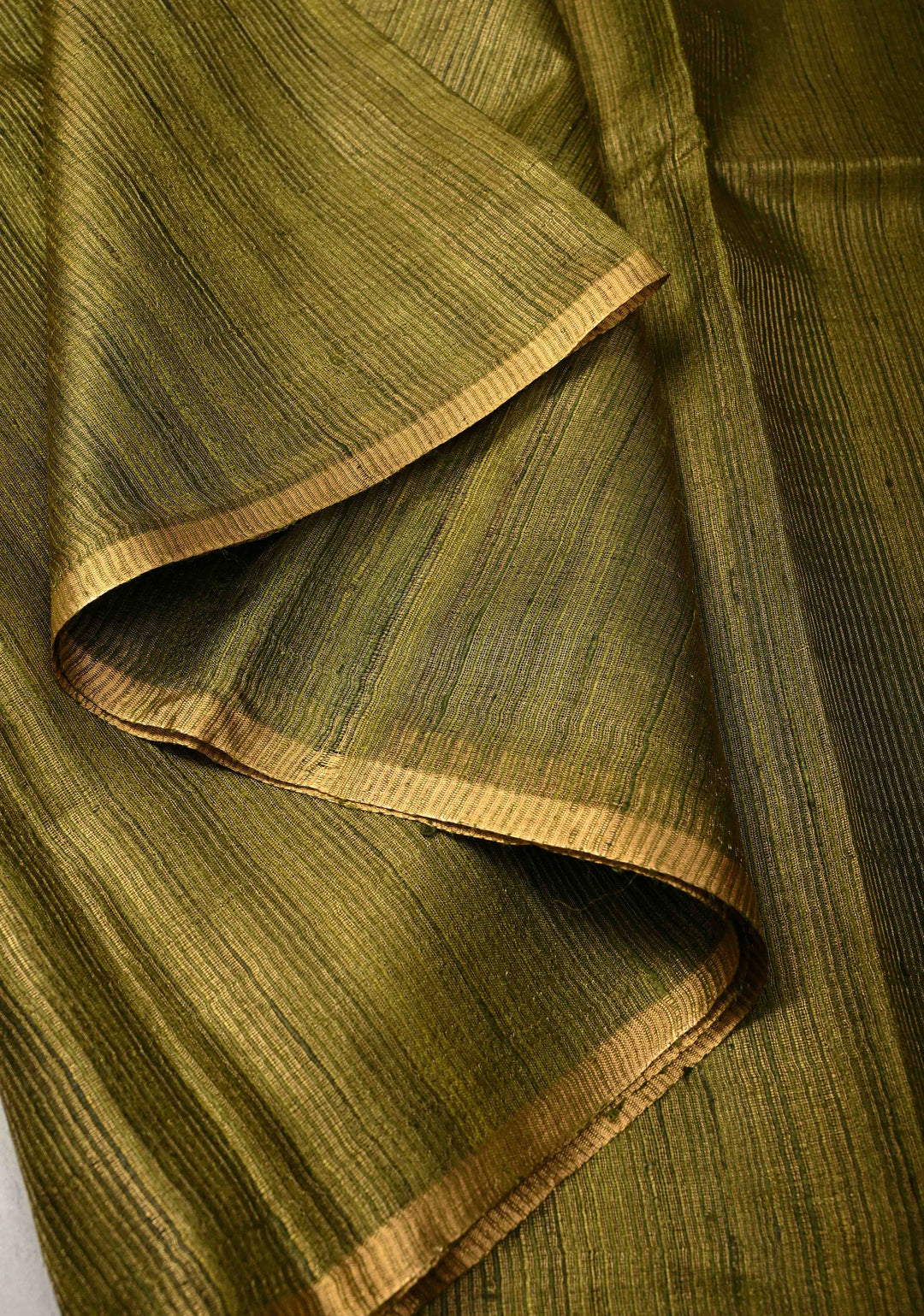 Mehendi Green Geecha Tussar tissue Saree with Minimal Zari Border | SILK MARK CERTIFIED