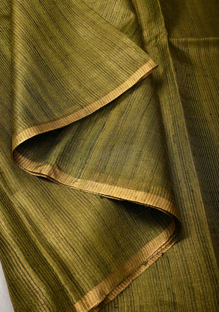 Mehendi Green Geecha Tussar tissue Saree with Minimal Zari Border | SILK MARK CERTIFIED