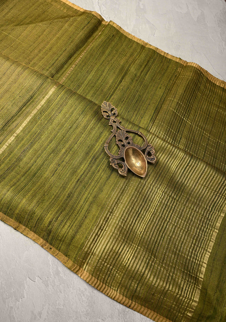 Mehendi Green Geecha Tussar tissue Saree with Minimal Zari Border | SILK MARK CERTIFIED