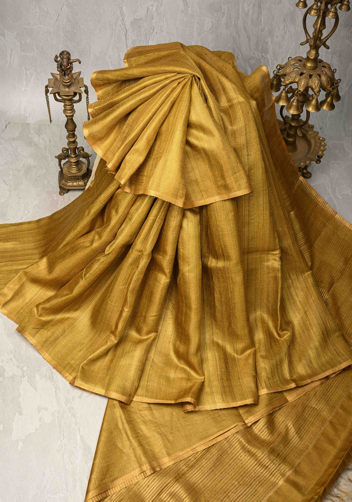 Gold Geecha Tussar tissue Saree with Minimal Zari Border | SILK MARK CERTIFIED