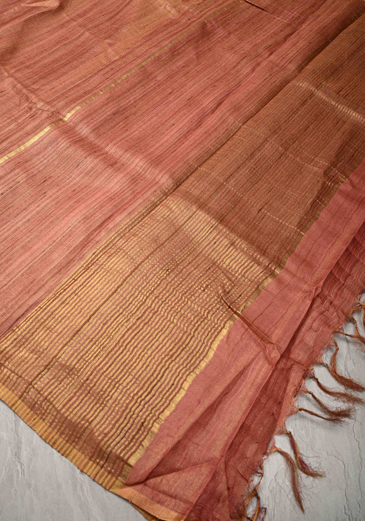 Rose Pink   Geecha Tussar tissue Saree with Minimal Zari Border | SILK MARK CERTIFIED
