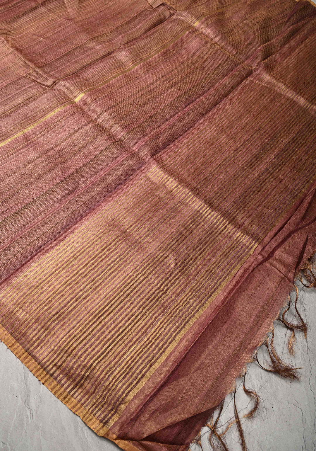 Dusty Rose Geecha Tussar tissue Saree with Minimal Zari Border | SILK MARK CERTIFIED