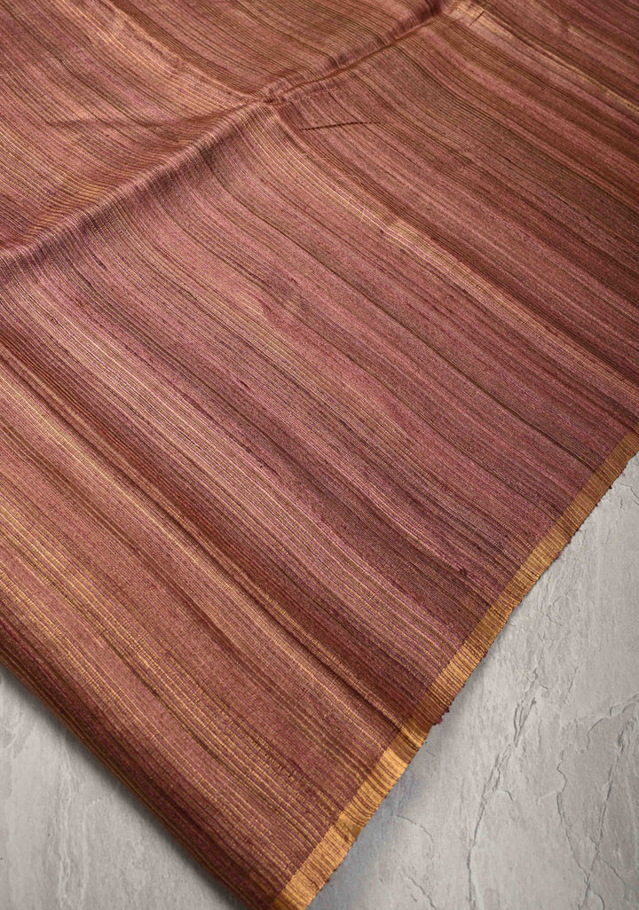 Dusty Rose Geecha Tussar tissue Saree with Minimal Zari Border | SILK MARK CERTIFIED