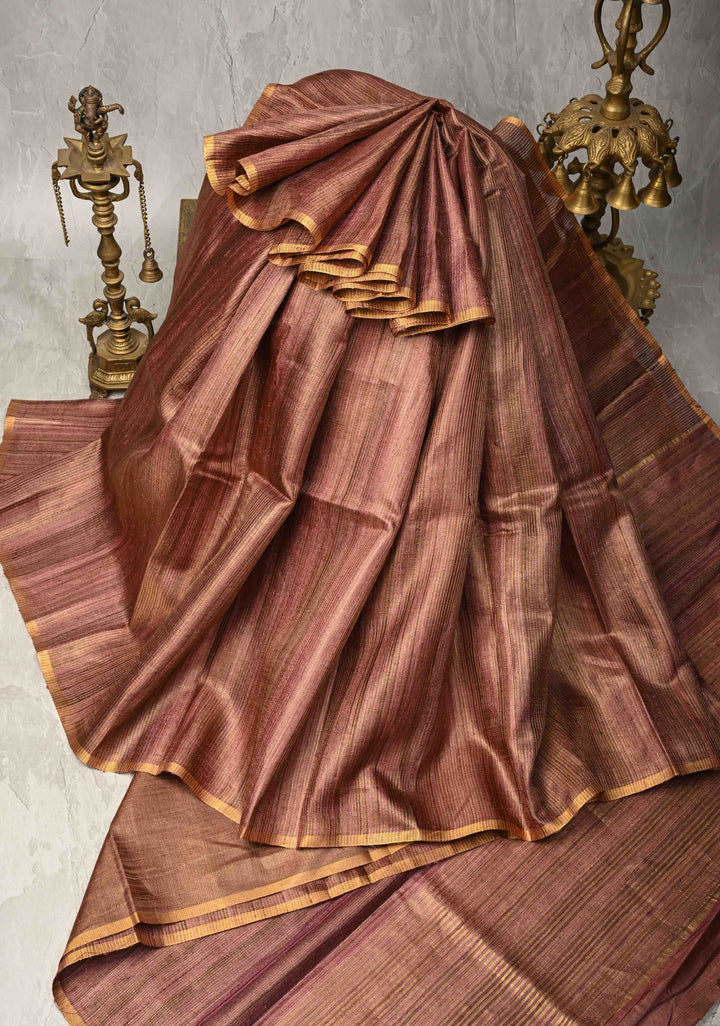 Dusty Rose Geecha Tussar tissue Saree with Minimal Zari Border | SILK MARK CERTIFIED