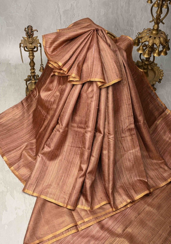Dusty Pink  Geecha Tussar tissue Saree with Minimal Zari Border | SILK MARK CERTIFIED