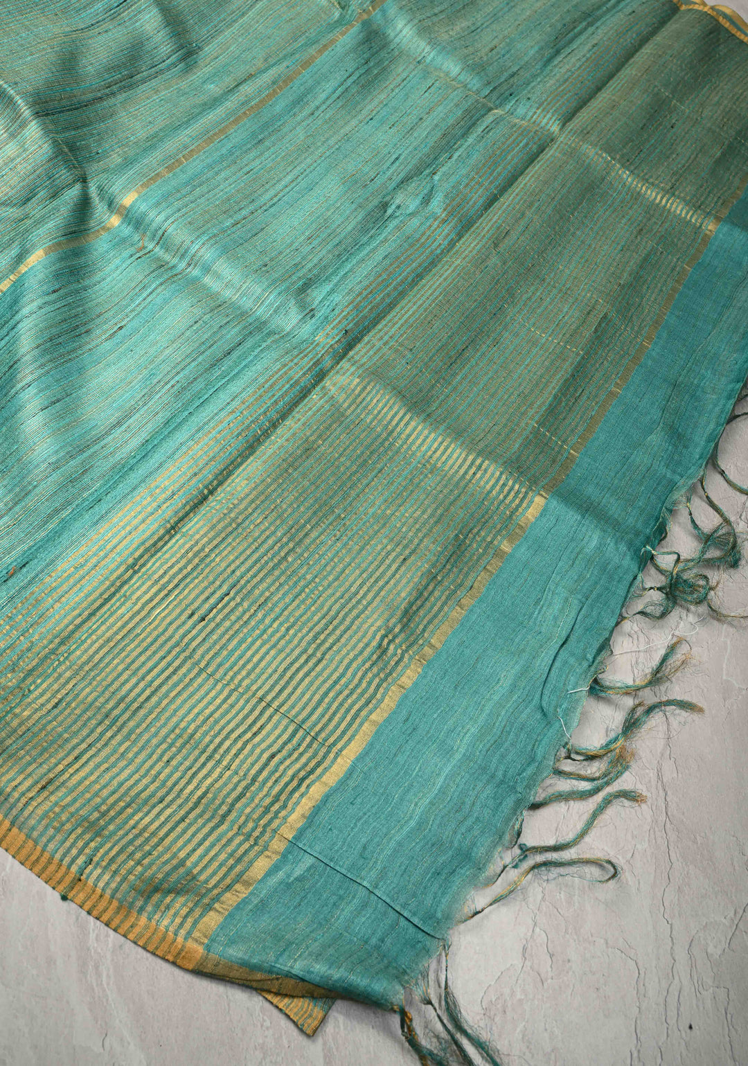 Turquoise Geecha Tussar tissue Saree with Minimal Zari Border | SILK MARK CERTIFIED