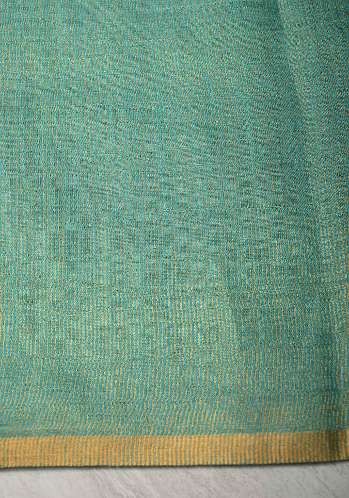 Turquoise Geecha Tussar tissue Saree with Minimal Zari Border | SILK MARK CERTIFIED