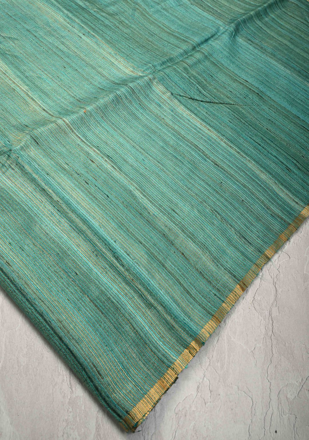 Turquoise Geecha Tussar tissue Saree with Minimal Zari Border | SILK MARK CERTIFIED