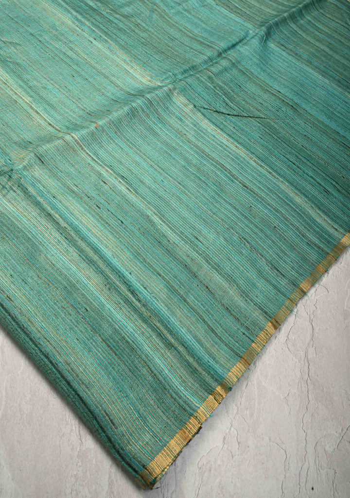 Turquoise Geecha Tussar tissue Saree with Minimal Zari Border | SILK MARK CERTIFIED