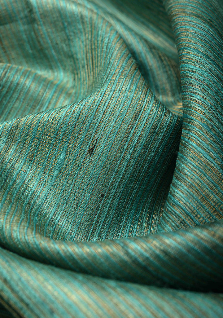 Turquoise Geecha Tussar tissue Saree with Minimal Zari Border | SILK MARK CERTIFIED