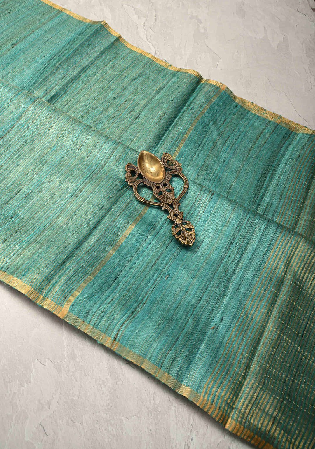 Turquoise Geecha Tussar tissue Saree with Minimal Zari Border | SILK MARK CERTIFIED