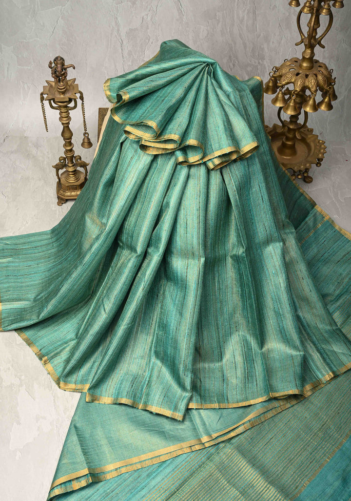 Turquoise Geecha Tussar tissue Saree with Minimal Zari Border | SILK MARK CERTIFIED