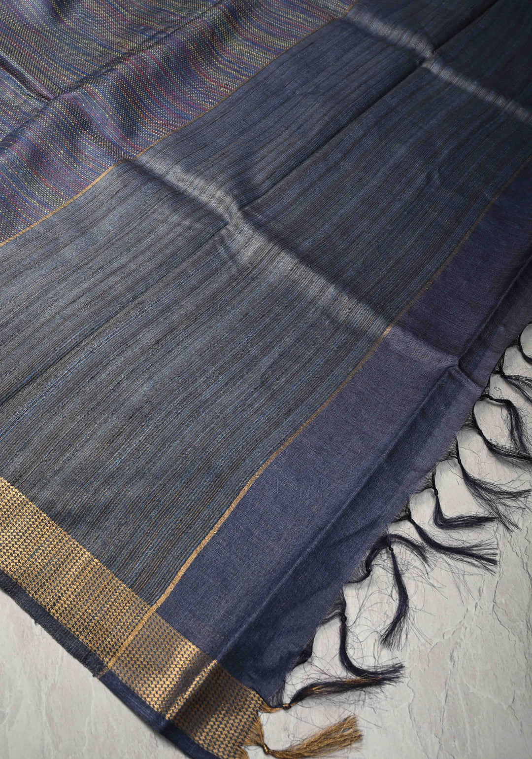 Navy Blue Semi Tussar Saree with Charming Meenakari Resham Pin Stripes and Zari Border