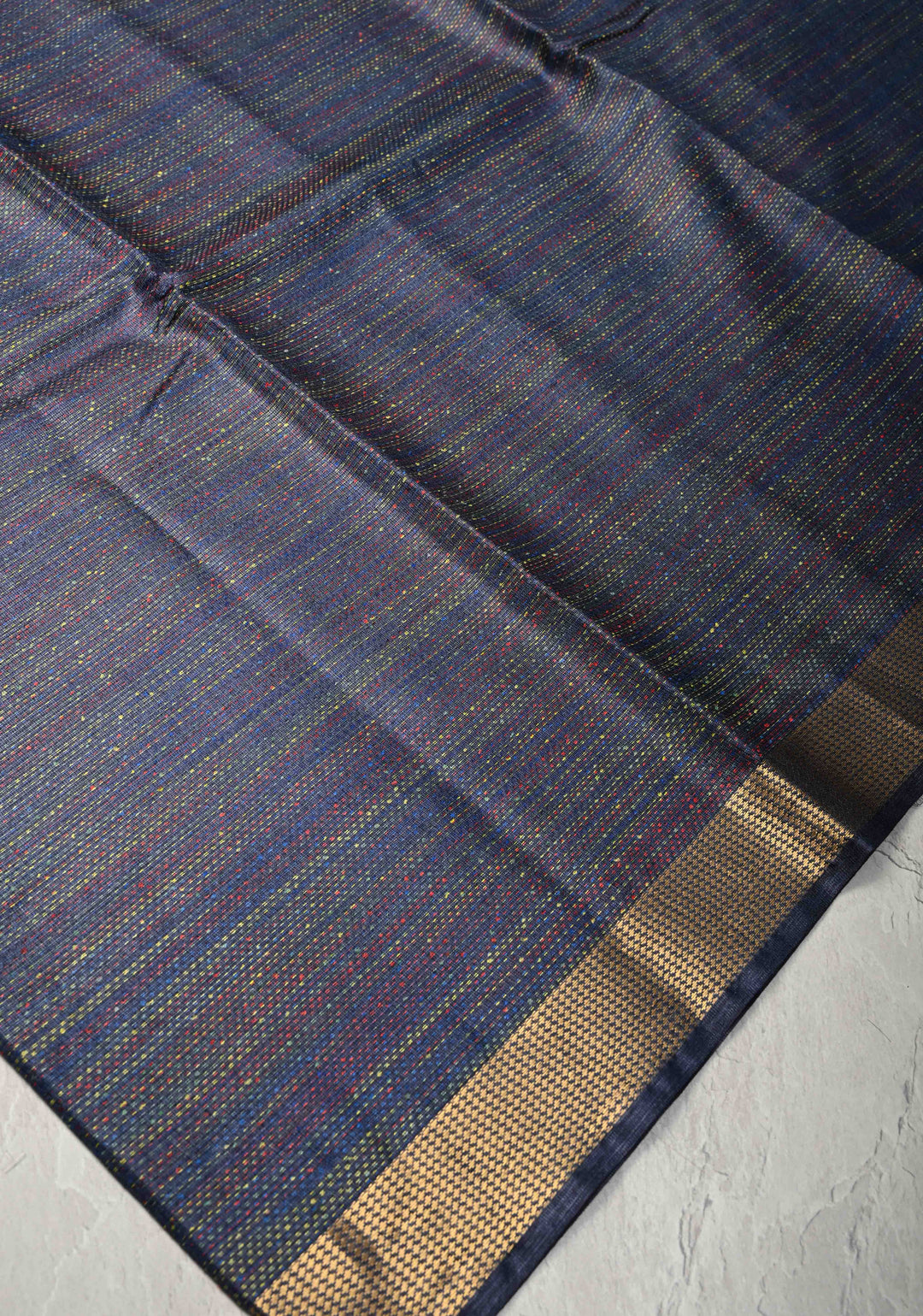 Navy Blue Semi Tussar Saree with Charming Meenakari Resham Pin Stripes and Zari Border