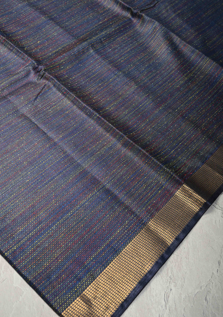 Navy Blue Semi Tussar Saree with Charming Meenakari Resham Pin Stripes and Zari Border