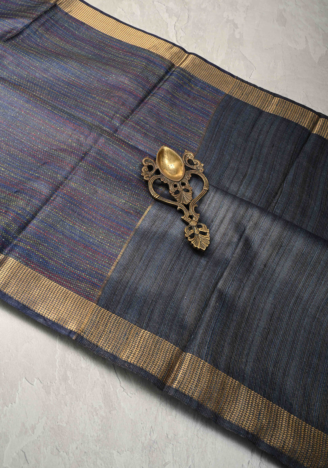 Navy Blue Semi Tussar Saree with Charming Meenakari Resham Pin Stripes and Zari Border