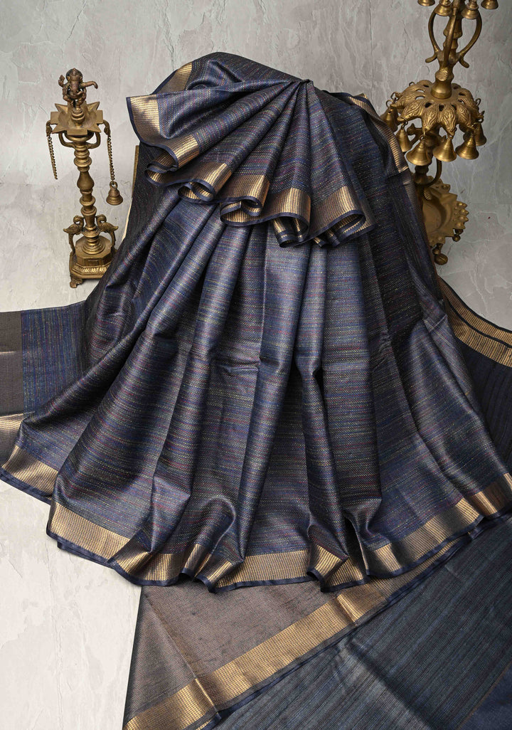 Navy Blue Semi Tussar Saree with Charming Meenakari Resham Pin Stripes and Zari Border