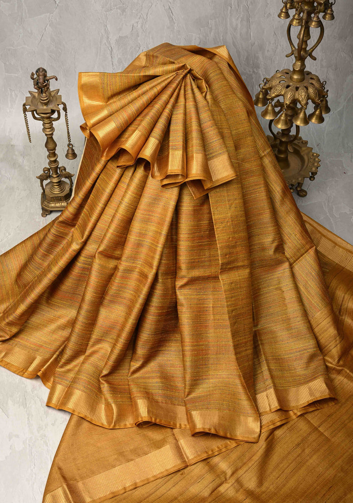 Ochre Yellow Knit Finish Pure Tussar Silk Saree With Minimal Zari Border | SILK MARK CERTIFIED