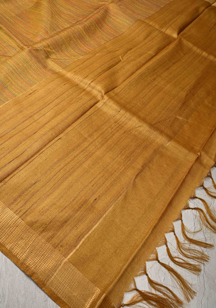Ochre Yellow Knit Finish Pure Tussar Silk Saree With Minimal Zari Border | SILK MARK CERTIFIED