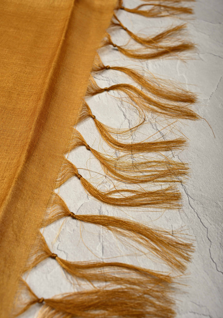 Ochre Yellow Knit Finish Pure Tussar Silk Saree With Minimal Zari Border | SILK MARK CERTIFIED