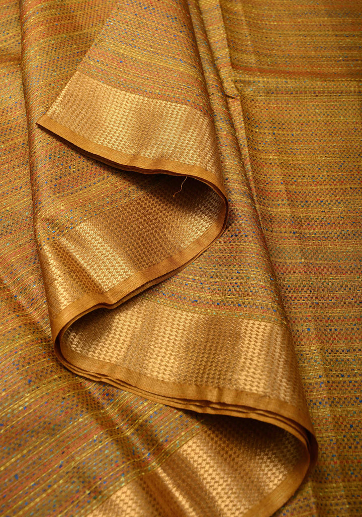 Ochre Yellow Knit Finish Pure Tussar Silk Saree With Minimal Zari Border | SILK MARK CERTIFIED