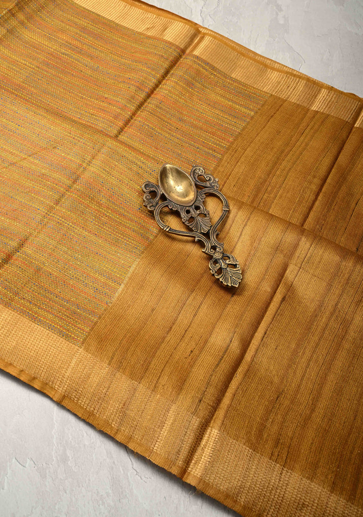 Ochre Yellow Knit Finish Pure Tussar Silk Saree With Minimal Zari Border | SILK MARK CERTIFIED